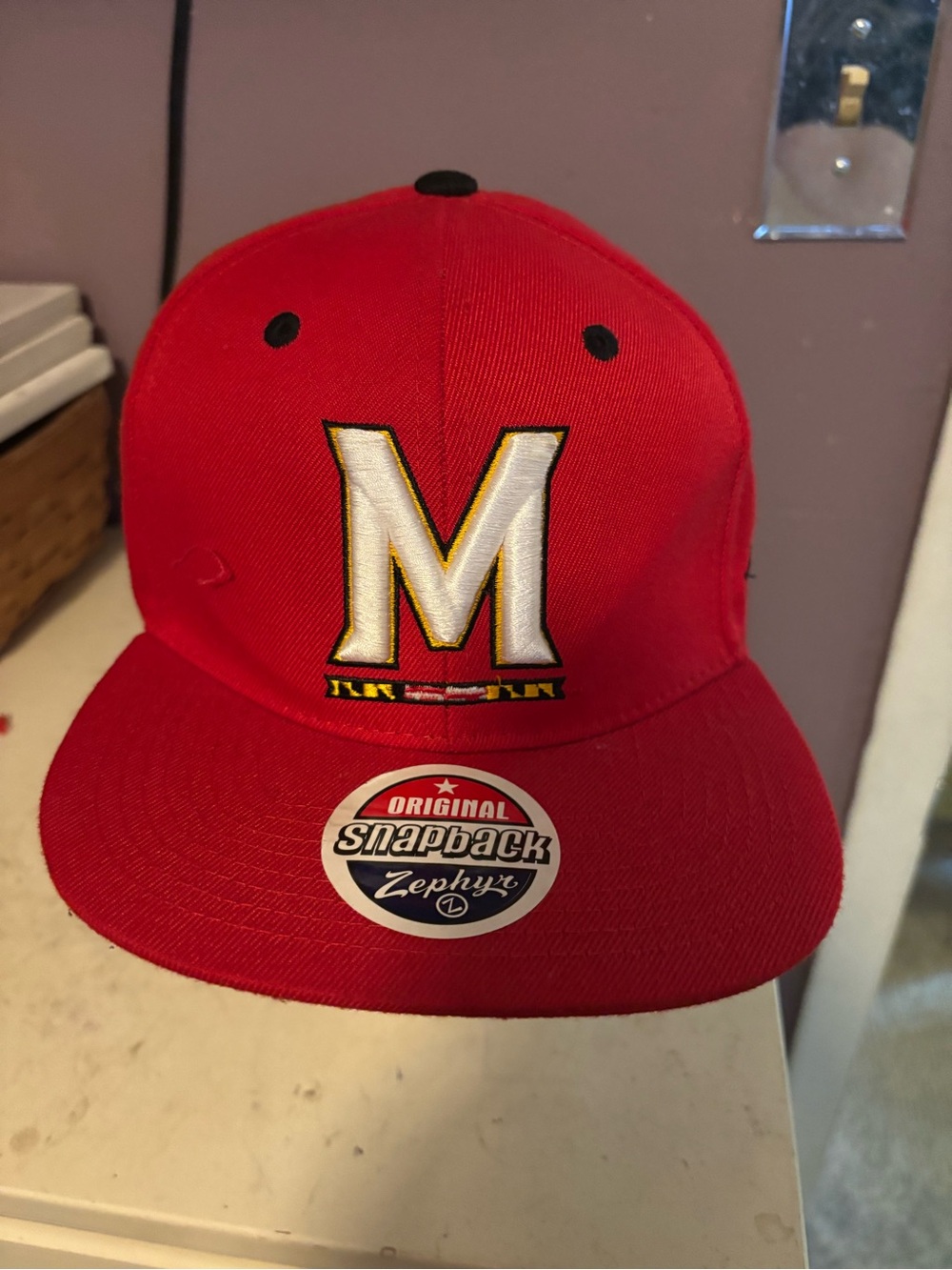 Zephyr Red Snapback Hat with Embroidered White & Gold 'M'